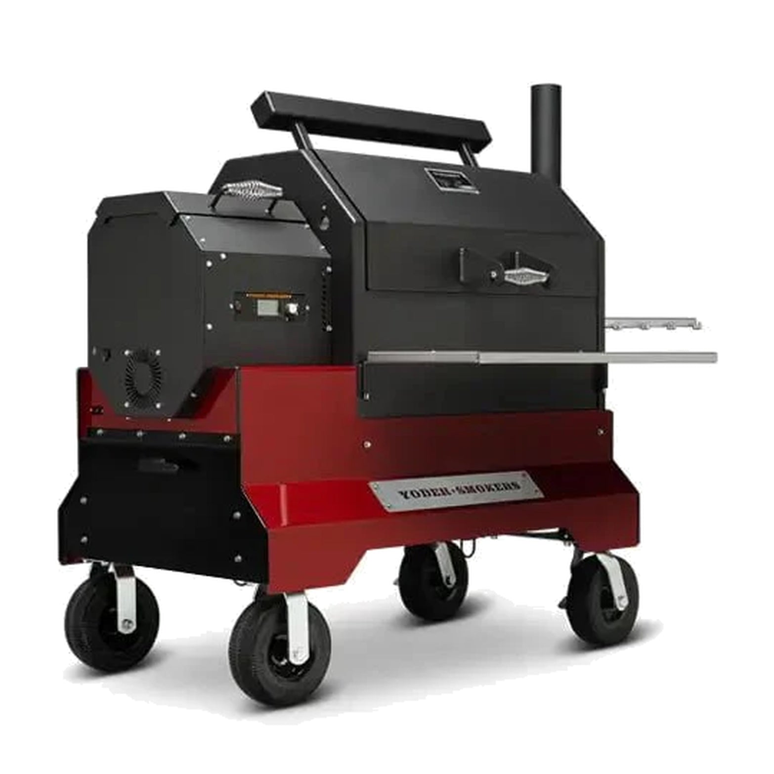 A Maroon Yoder Smokers ys640 Comp Cart with drawer on 8" Wheels on a white Background