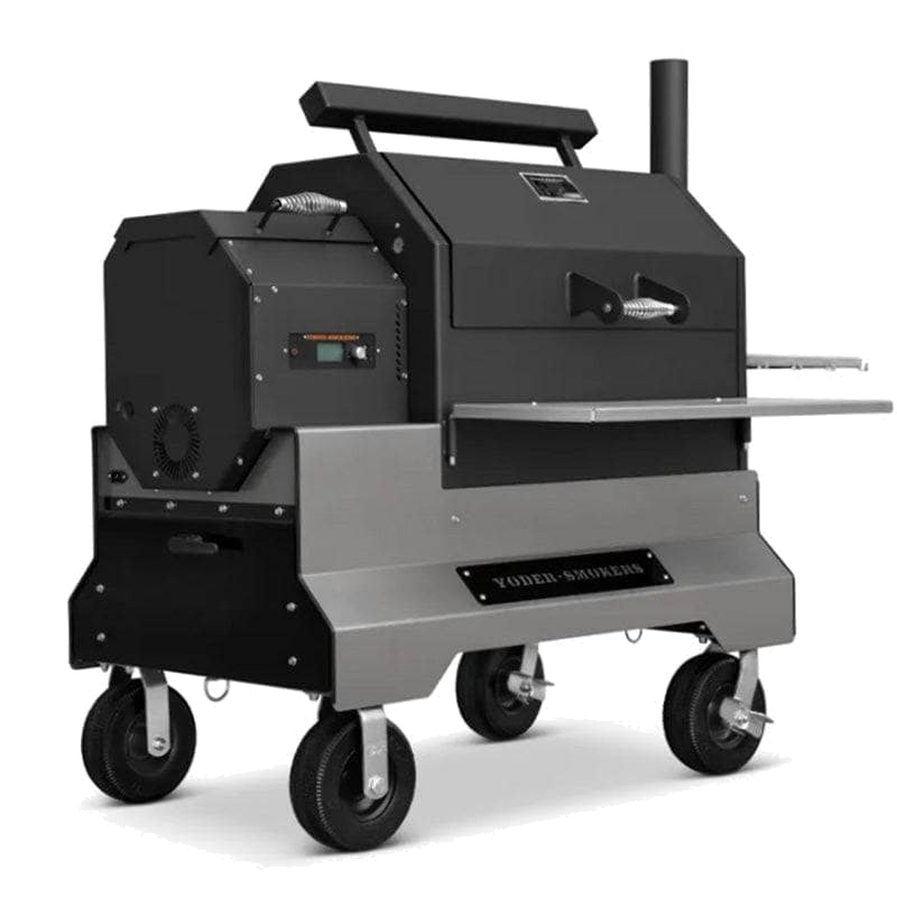A Silver Yoder Smokers ys640 Comp Cart with drawer on 8" Wheels on a white Background