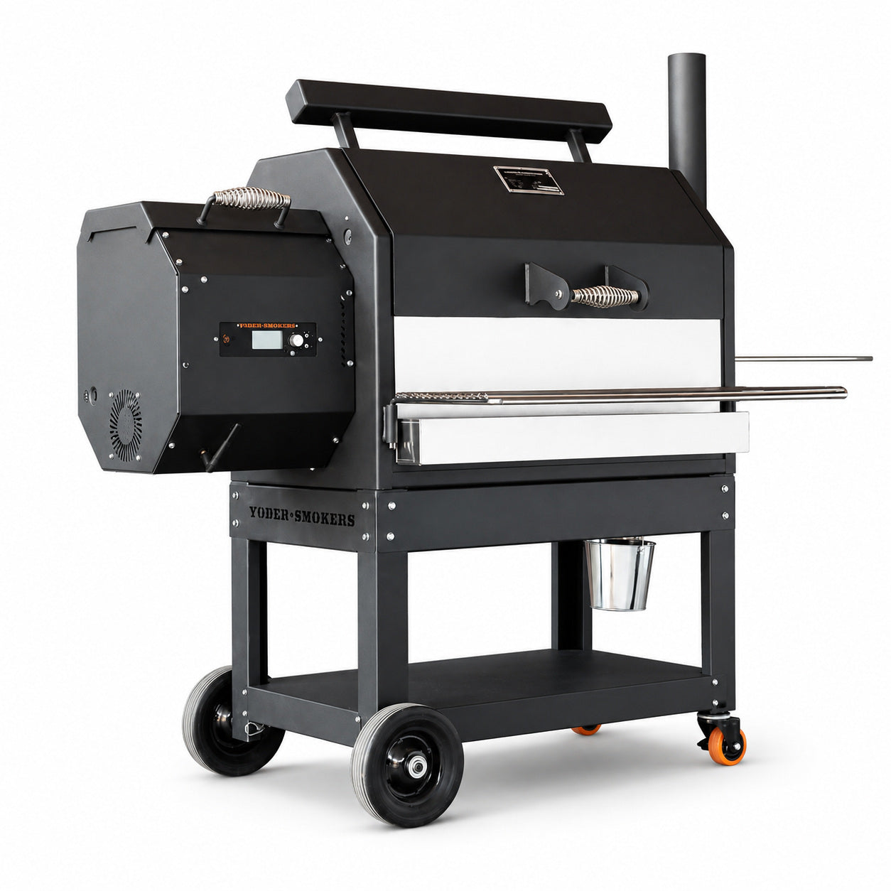 Yoder Stainless Steel Grease Shield on a yoder smoker on a white background