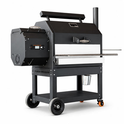 Yoder Stainless Steel Grease Shield on a yoder smoker on a white background