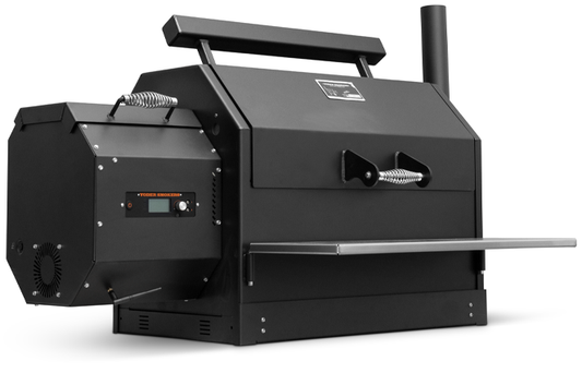 Black grill with smoker attachment on a white background