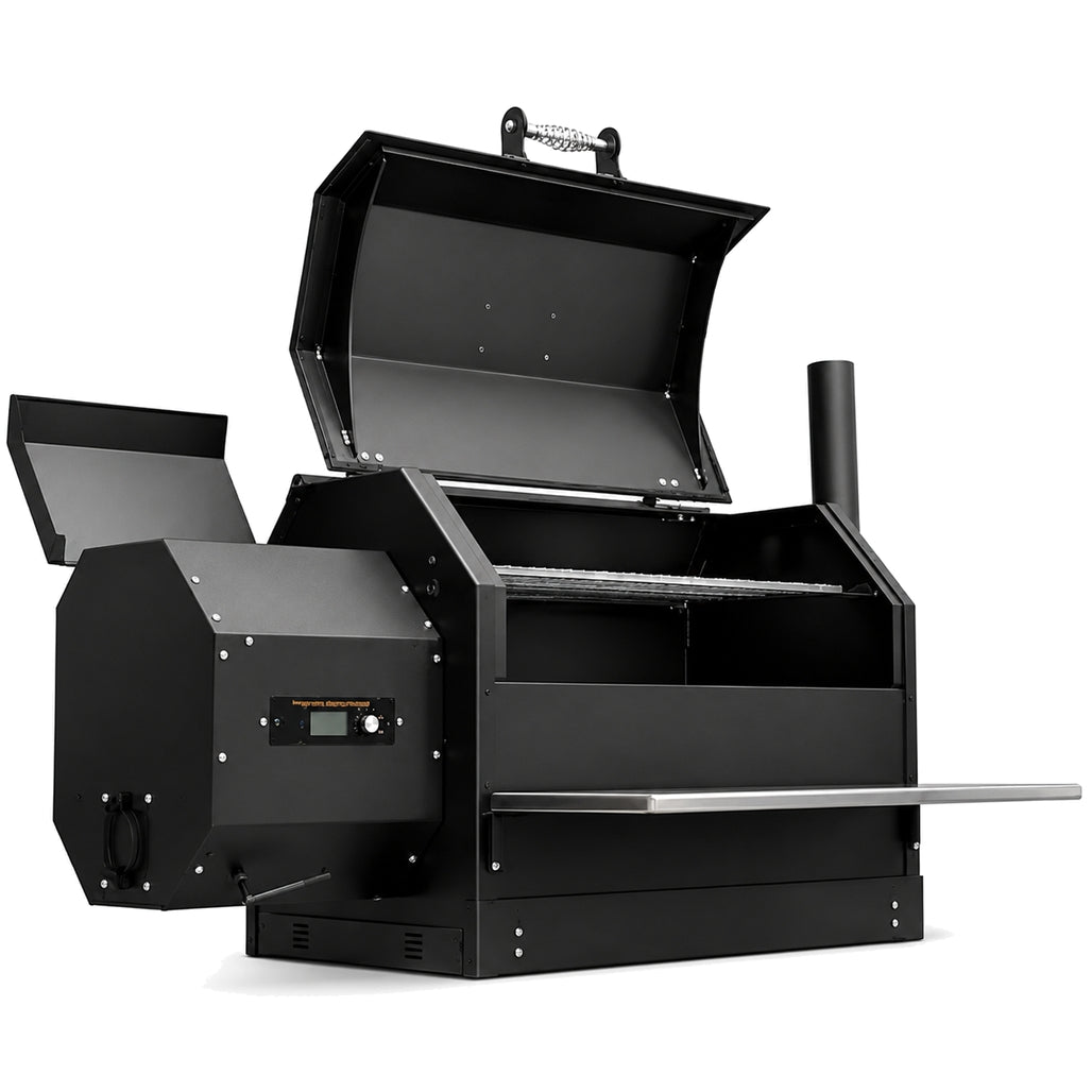 Yoder Smokers ys640s built in pellet smoker with lid open on a white background