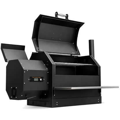 Yoder Smokers ys640s built in pellet smoker with lid open on a white background