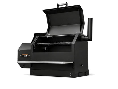 Yoder Smokers ys640s built in pellet smoker with lid open on a white background