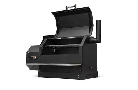 Black outdoor grill with open lid on a white background