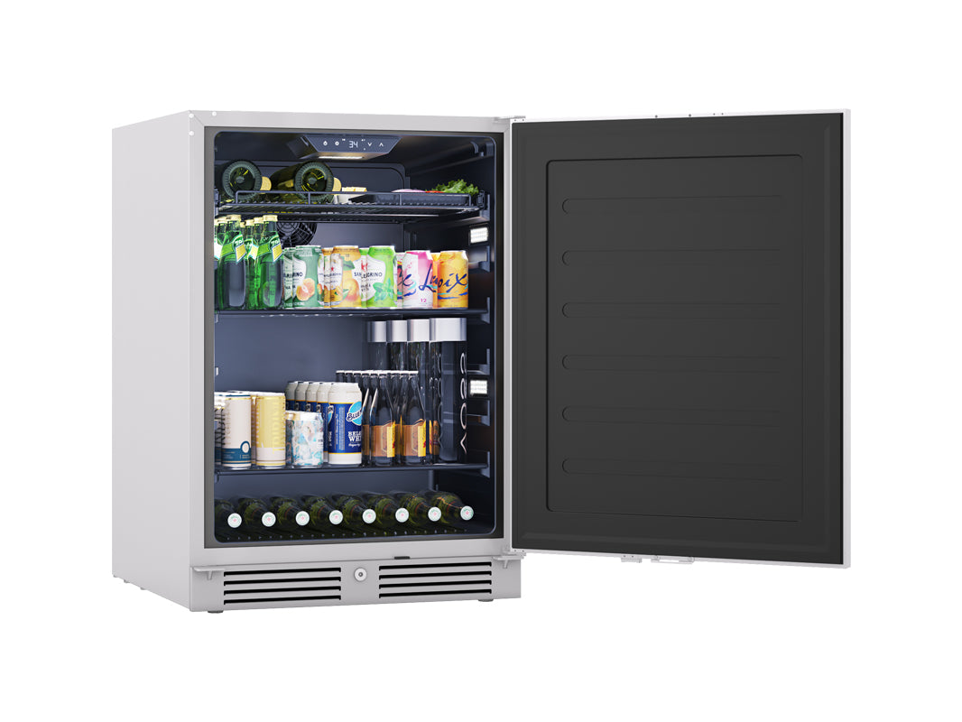 Zephyr Presrv 24-Inch Outdoor Beverage Cooler with door open on a white background