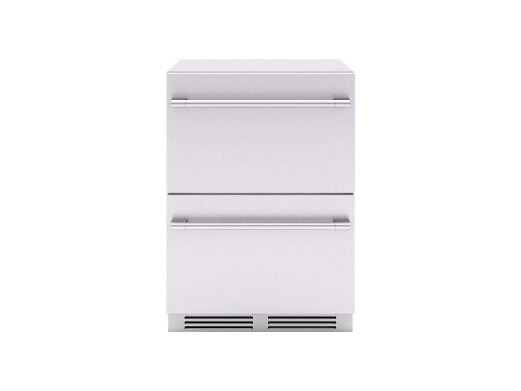 Zephyr Presrv 24-Inch Outdoor Dual Zone Refrigerator Drawers – Stainless Steel on a white background