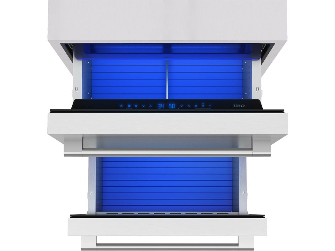 Zephyr Presrv 24-Inch Outdoor Dual Zone Refrigerator Drawers – Stainless Steel with drawers open on a white background