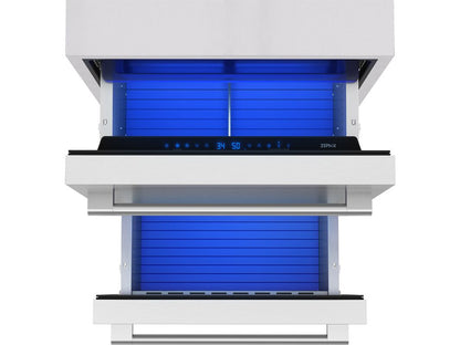 Zephyr Presrv 24-Inch Outdoor Dual Zone Refrigerator Drawers – Stainless Steel with drawers open on a white background