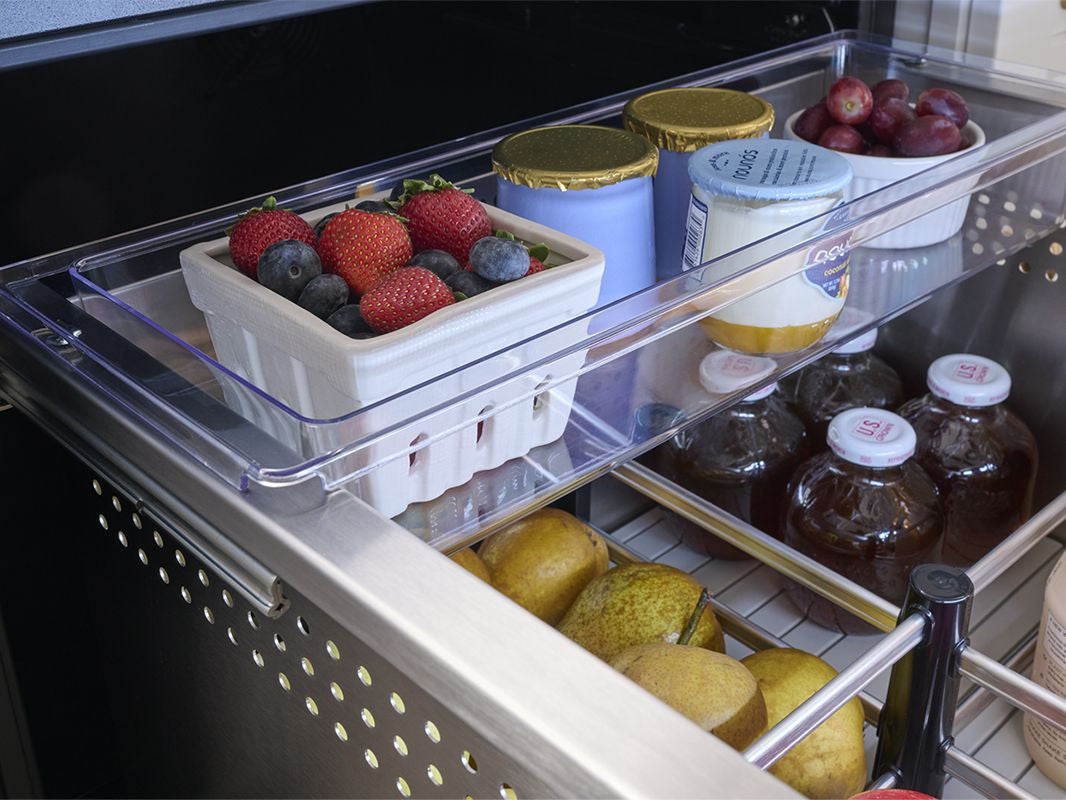 Zephyr Presrv 24-Inch Outdoor Dual Zone Refrigerator Drawers – Stainless Steel bottom drawer open with adjustable shelves
