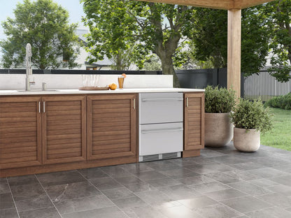 Zephyr Presrv 24-Inch Outdoor Dual Zone Refrigerator Drawers – Stainless Steel installed into an outdoor kitchen