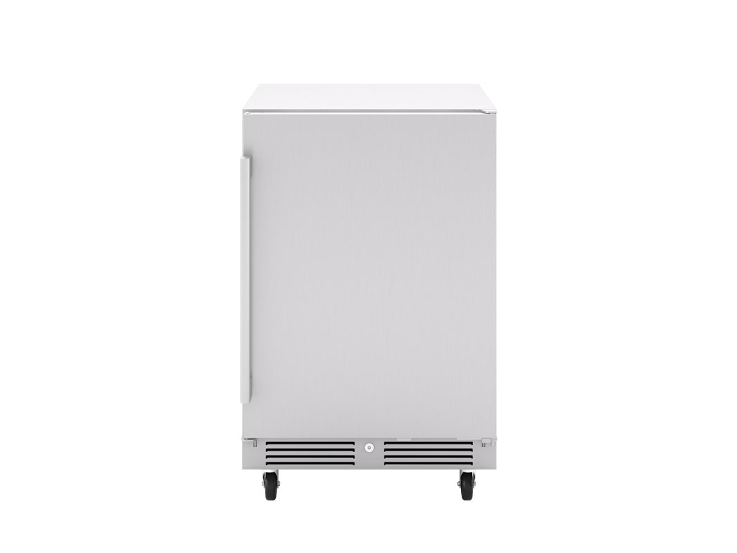 Zephyr Presrv 24-Inch Outdoor Refrigerator – Stainless Steel on casters on a white background