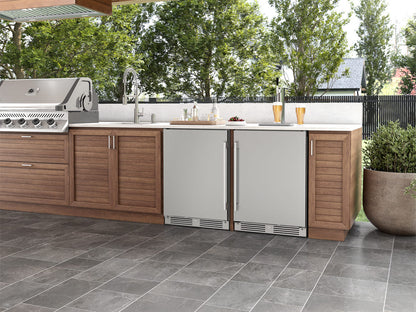 Zephyr Presrv 24-Inch Outdoor Refrigerator – Stainless Steel installed into an island next to a kegerator