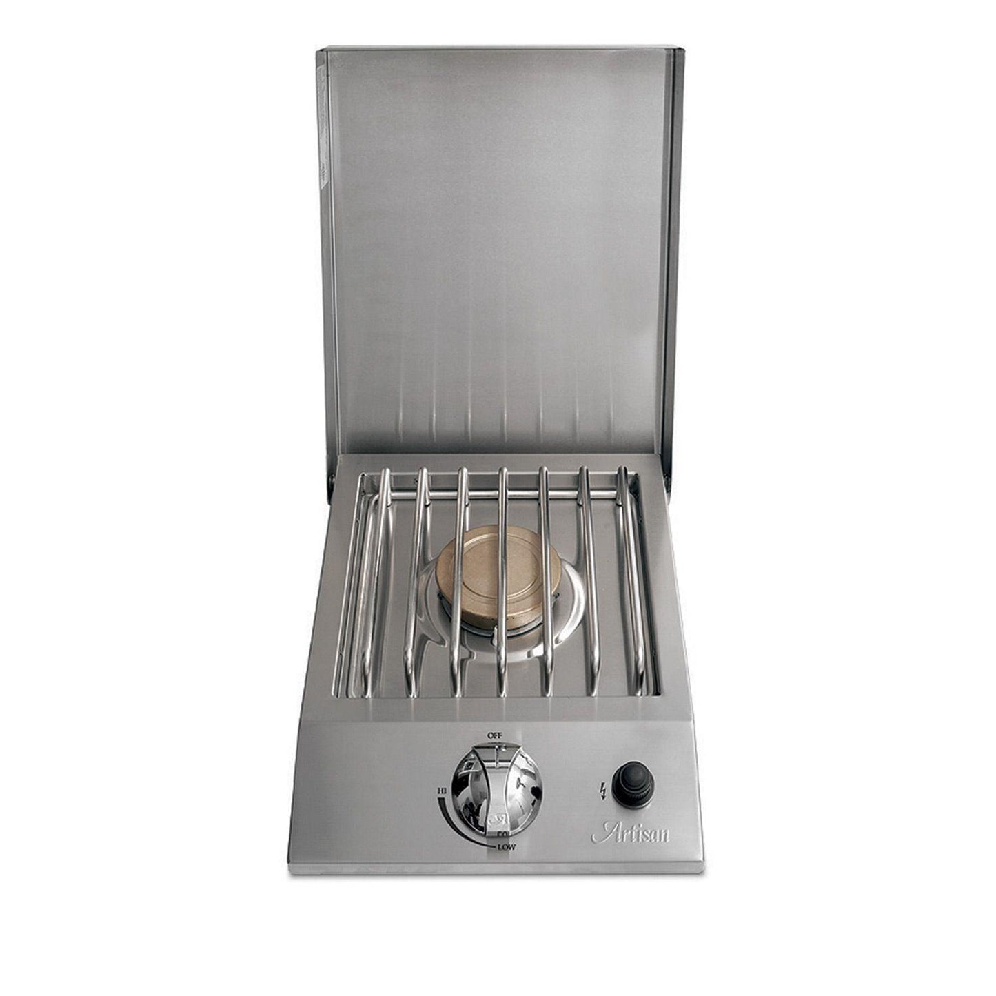 Artisan built-in single side burner with a brass burner and stainless steel construction, featuring a closed lid and a visible ignition control knob on the front.