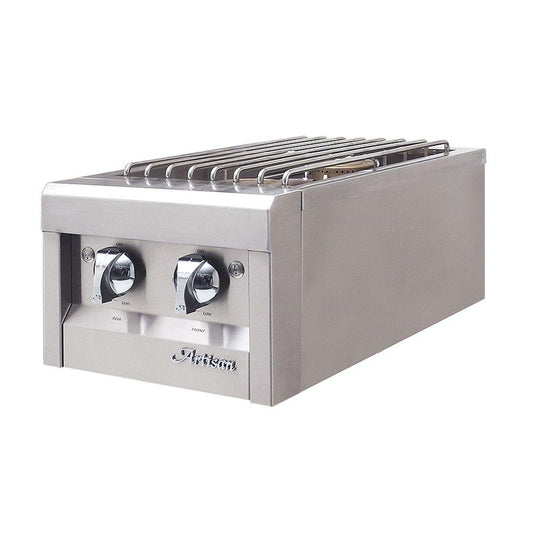 Artisan built-in double side burner with a stainless steel construction and two brass burners.