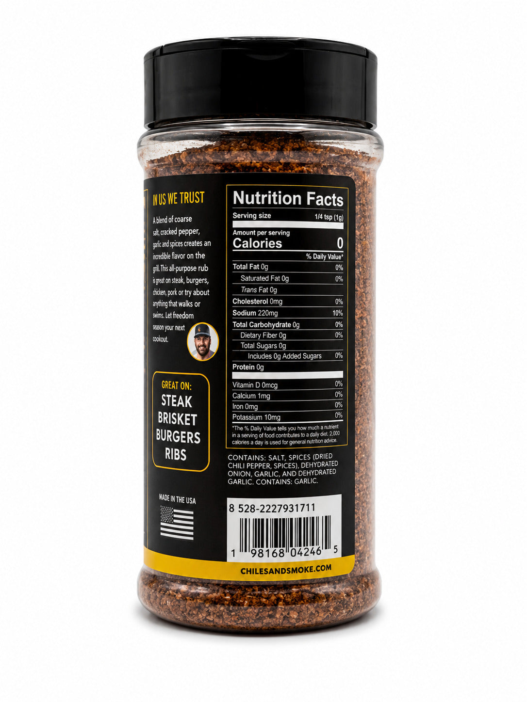 Spice jar with nutrition facts label on a white background