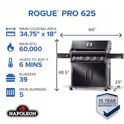 Rogue® PRO 625 Propane Gas Grill with Infrared Side Burner - Black