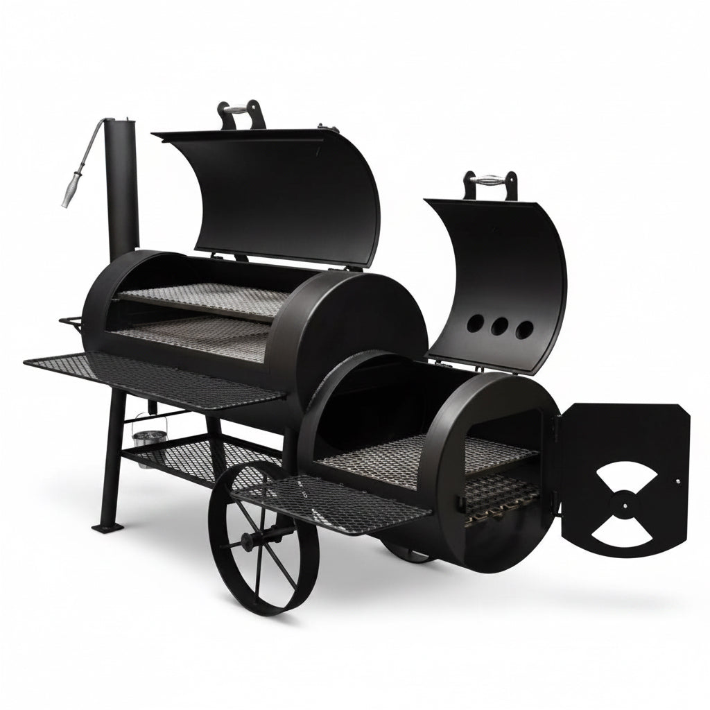 Black barbecue grill with a wagon-like design on a white background