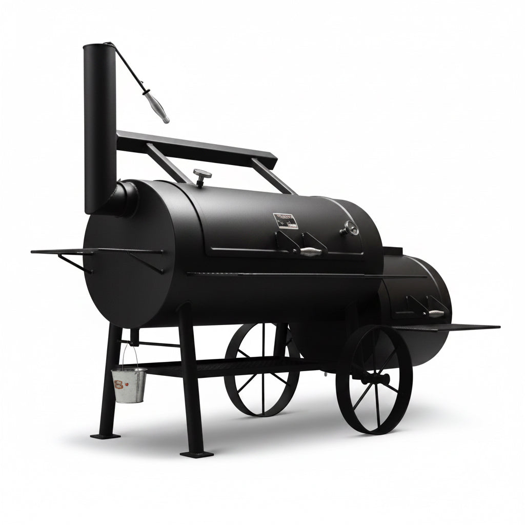 Black barrel-style barbecue smoker on a white background