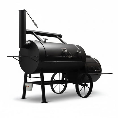 Black barrel-style barbecue smoker on a white background