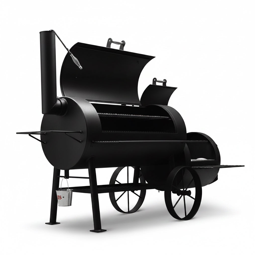 Black barbecue smoker on wheels with a white background
