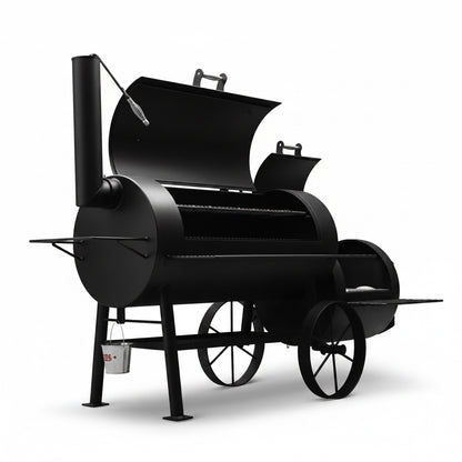 Black barbecue smoker on wheels with a white background