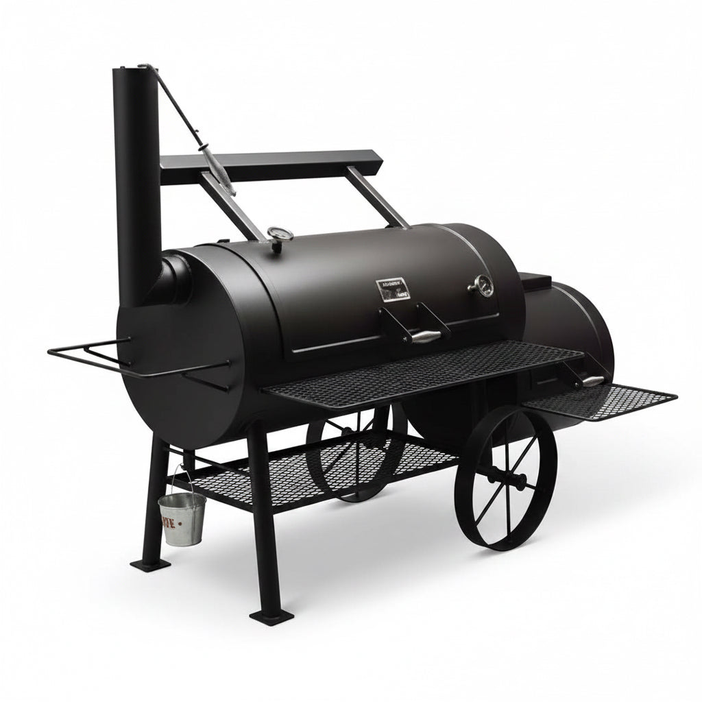 Black barbecue grill on wheels with a white background