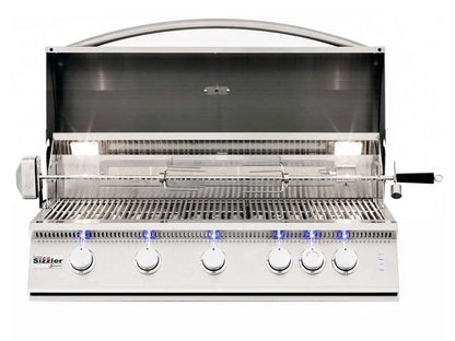 A Summerset Sizzler Pro 40 inch 5 Burner Built-In Propane Grill with stainless steel construction.