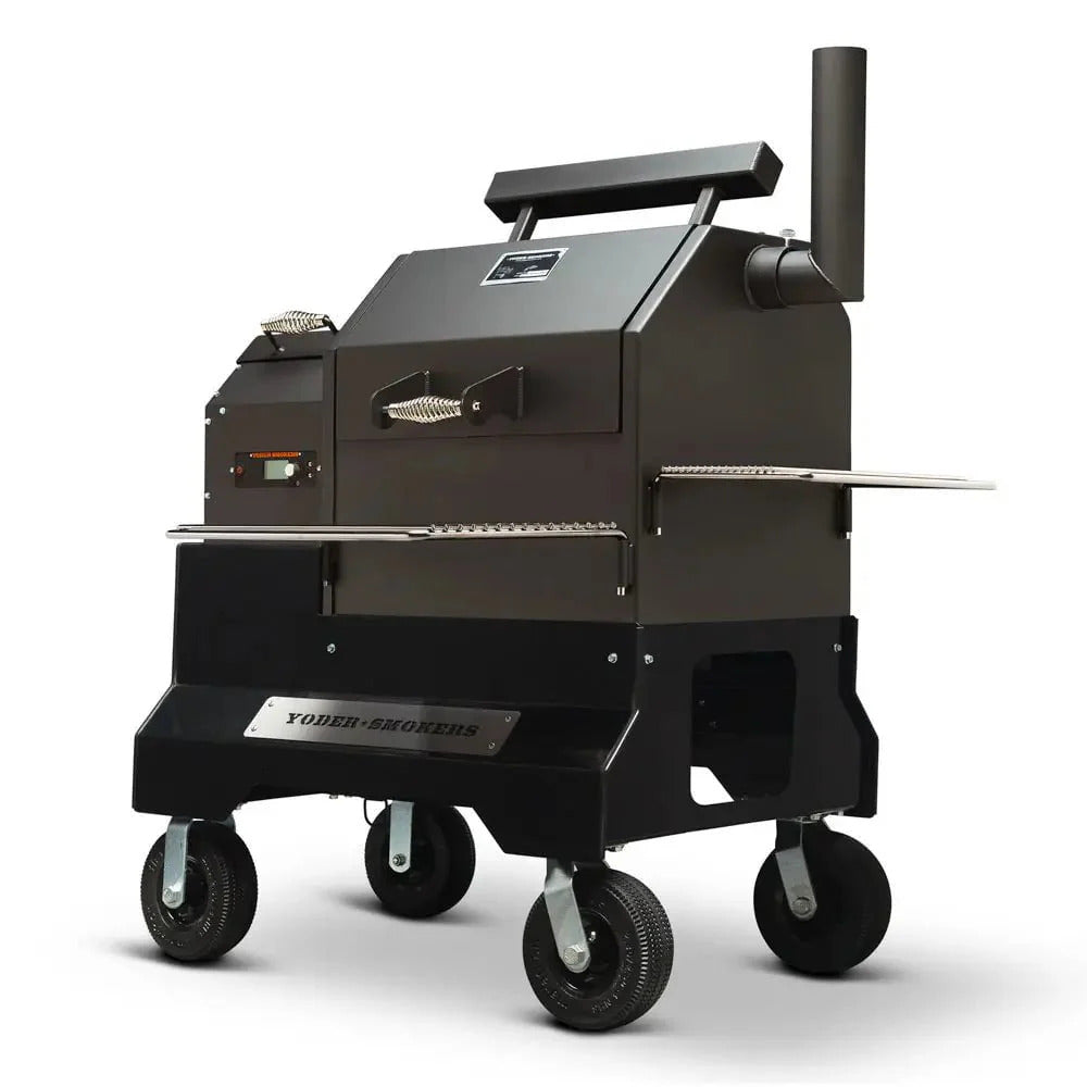 Black smoker grill on wheels with 'Yoder Smokers' branding on a white background