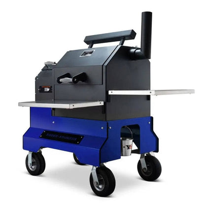 Blue and black smoker grill on a white background