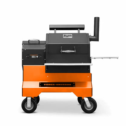 Yoder-Smoker grill with orange and black design on a white background