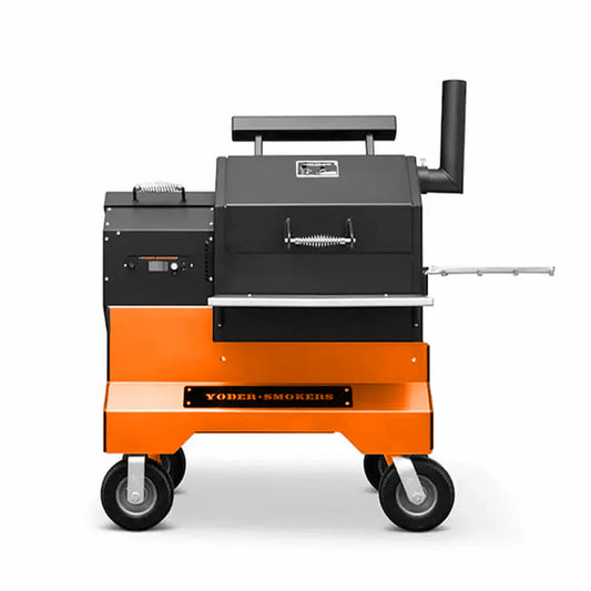 Yoder-Smoker grill with orange and black design on a white background
