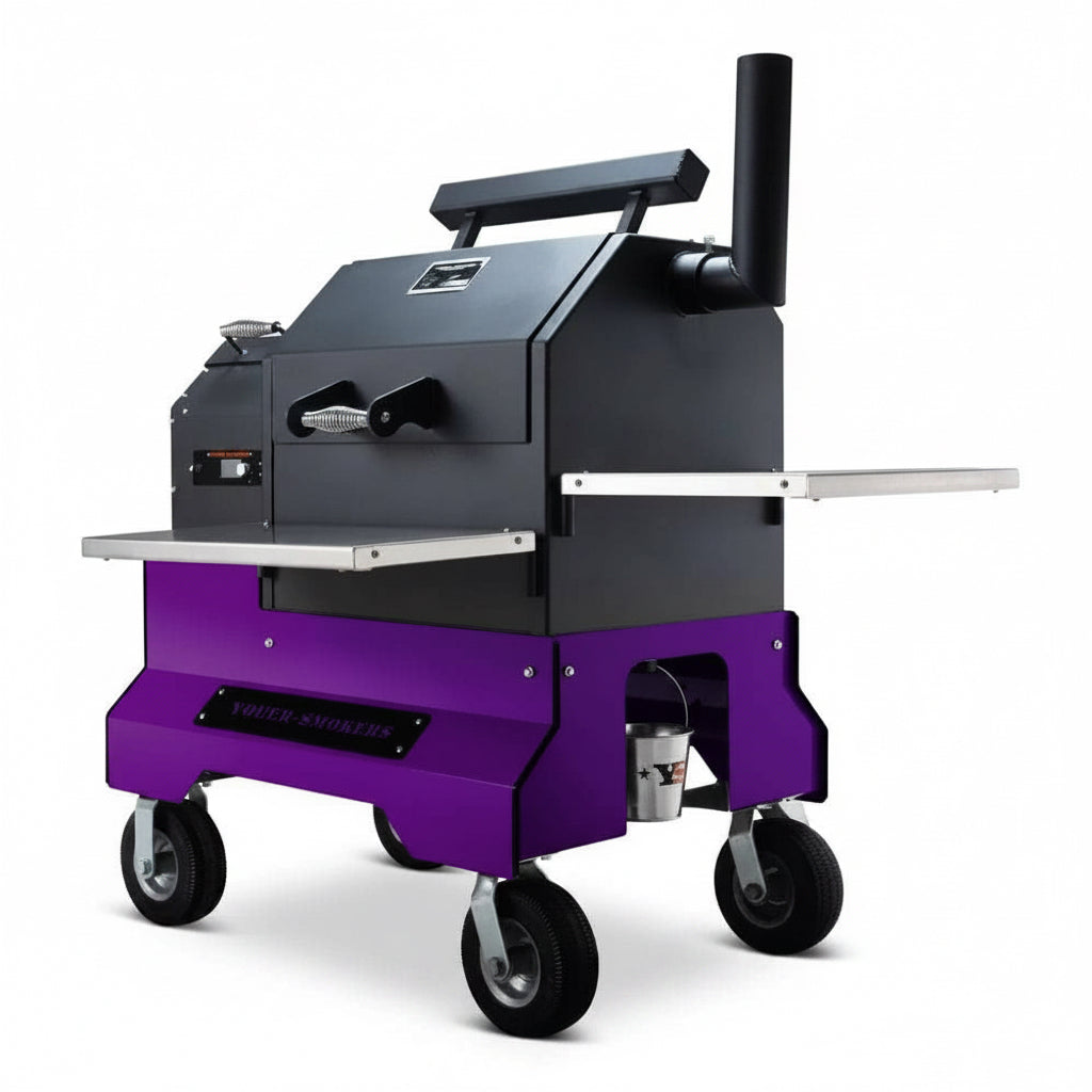 Black and purple barbecue grill on a white background