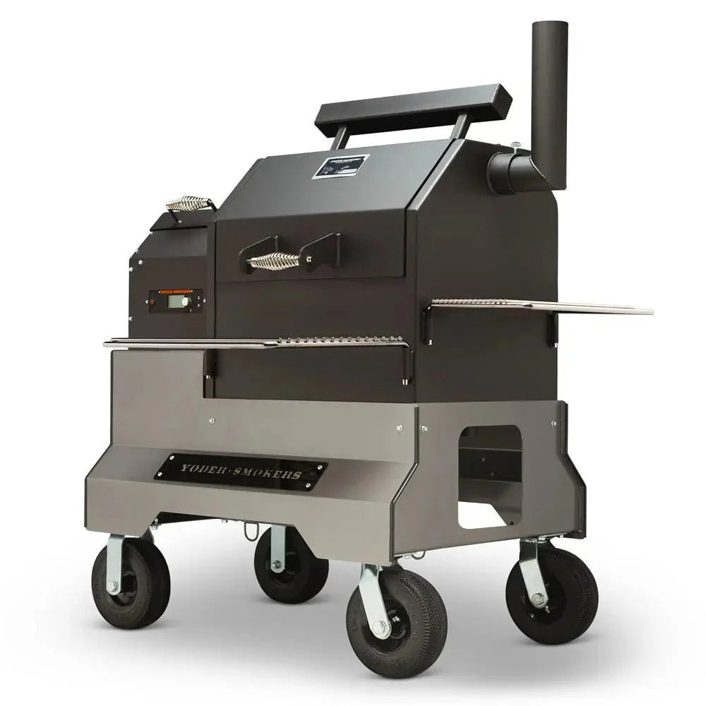 Black and gray smoker grill on wheels with 'yoder smoker’ branding on a white background