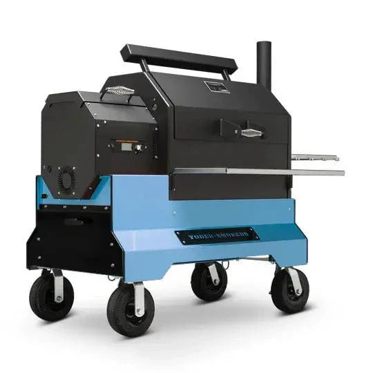 Black and blue smoker grill on a white background