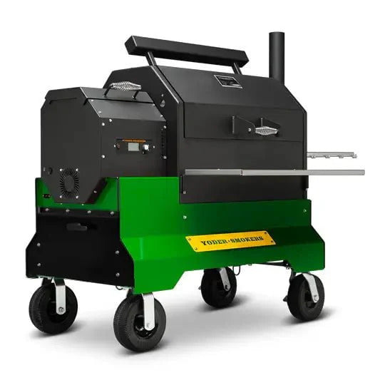 Green and black smoker grill with 'Yoder Smokers' branding on a white background