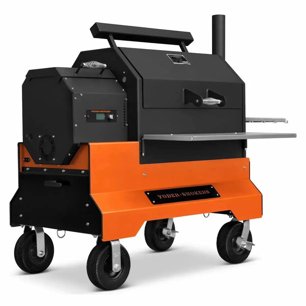 Black and orange smoker grill with wheels on a white background