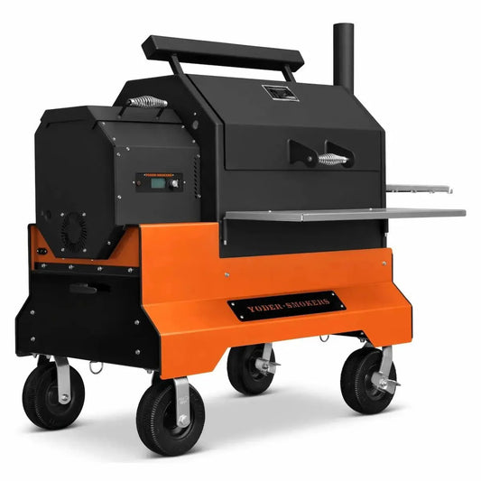 Black and orange smoker grill with wheels on a white background
